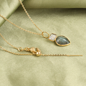 Collier en labradorite naturelle et pierre de lune arc-en-ciel, pendentif serti en or 18 carats, forme poire et rectangle, chaîne en câble, bijou cadeau - Product Image 4