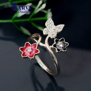 Enamel Floral Butterfly <b>Ring</b> 925 Sterling <b>Silver</b> CZ Accents Colorful Flower Design <b>Adjustable</b> Statement <b>Ring</b> Elegant Nature - Product Image 4