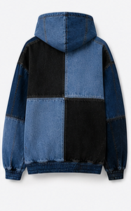 Sweat à capuche en jean pour homme, design patchwork avec poche kangourou, coupe classique, style automne - Product Image 4