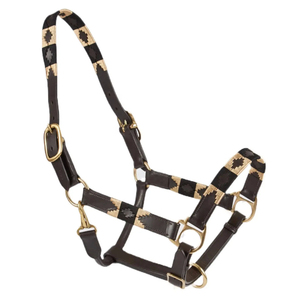 Cabestro de cuero marrón para caballo con patrón geométrico color canela y herrajes de latón - Product Image 2