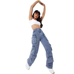 Pantalones Vaqueros Cargo de Cintura Alta para Mujer, de Pierna Ancha, con Múltiples Bolsillos, Cierre de Botones, Estilo Urbano, Personalizables - Product Image 1
