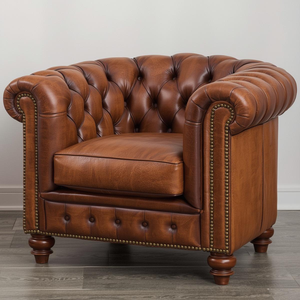 Fauteuil Chesterfield vintage en cuir marron avec design capitonné, fauteuil d'appoint classique pour la décoration du salon - Product Image 1