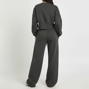 Ensemble de survêtement personnalisé pour femme 100 % coton marron à capuche, manches longues, pantalon large, couleur unie, décontracté, respirant, pour l'automne - Product Image 3