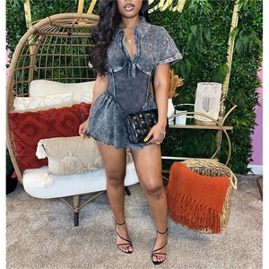 <b>Womens</b> Pink Short Sleeve Turn Down <b>Collar</b> Romper High Waist Solid Ruffle Playsuit Summer Sexy Club Jumpsuit - Product Image 6