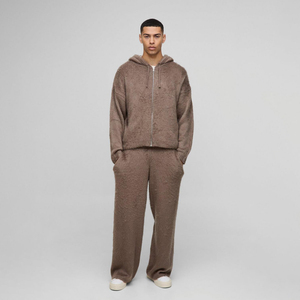 Ensemble de survêtement en mohair pour homme, 2 pièces, texture duveteuse, sweat à capuche zippé, pantalon large - Product Image 1