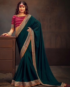 Sari Tradicional de Mezcla de Seda con Bordado - Product Image 1