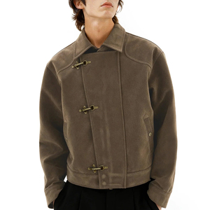 Custom Logo Vintage Asymmetric Fireman Buckle High Quality Heavyweight Men's Retro Luxury <b>Suede</b> <b>Jacket</b> Winter - Product Image 1