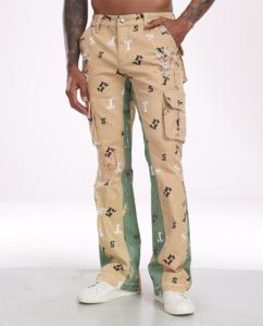 Pantalon cargo imprimé streetwear pour homme, motif lettres, denim évasé, coupe droite, poids moyen, style été - Product Image 3