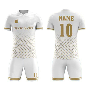 Ensemble d'uniformes de football personnalisés en or blanc, maillot de football à manches courtes, short assorti, imprimé géométrique, vêtements d'équipe, vêtements de sport athlétiques - Product Image 1
