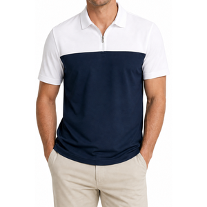 Camiseta Clásica de Cuello Alto con Cierre de Cremallera para Hombre, Tejido de Poliéster, Logotipo Frontal, Secado Rápido, Alta Calidad, Corte y Confección de Primera, Color Azul Marino y Blanco - Product Image 1
