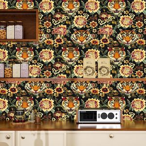 Papel Adhesivo Decorativo con Diseño de Tigre, Vinilo Floral Retro Negro, Papel de Contacto Impermeable para Gabinetes - Product Image 5