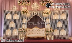 Vintage Style Mirror <b>Frame</b> Wedding Stage with Royal Chairs Luxury White Mirror <b>Frame</b> <b>Backdrop</b> Panel Latest Reception Stage Decor - Product Image 3