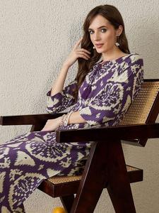 Damen Lila Ikat-Bedrucktes Baumwoll-Kurta-Set Reguläre Passform Knielang Ethnischer Stil Lässige Hochzeitskleidung Schnelltrocknend Für Alle Jahreszeiten Indien - Product Image 1