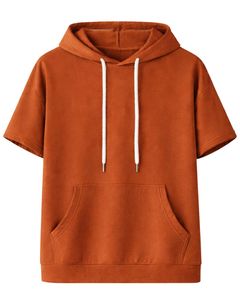 Haut à capuche décontracté pour homme, manches courtes, orange rouille, style pull, léger, streetwear d'été, en mélange de coton, avec poches - Product Image 1