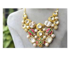 Conjunto de Joyería de Moda, Estilo Diseñador, Chapado en Oro, con Piedras de Imitación, Perlas y Kundan, Collar y Aretes, para Bodas y Fiestas Étnicas - Product Image 3
