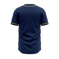 Jersey Baseball Biru Dongker Full Button dengan Trim Emas, Bahan Bernapas, Activewear Poliester/Katun, Kerah V, Bordir, Lengan Pendek, Profesional