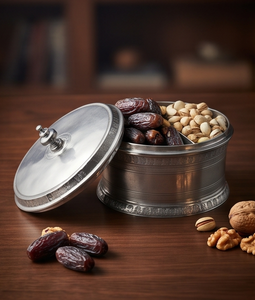 Custom Traditional Engraved <b>Silver</b> Metal Date And Dry Fruit Storage Box Round Decorative Snack Container - Product Image 3