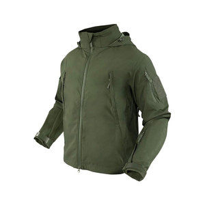 Blouson moto homme vert olive avec capuche, fermeture éclair, col montant, coupe-vent, style vêtement de travail, pour l'automne, softshell personnalisé - Product Image 1