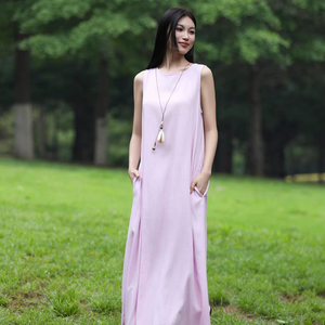 Vestido largo sin mangas con cuello redondo de lino y algodón para mujer, vestido largo holgado, ropa informal cómoda - Product Image 1