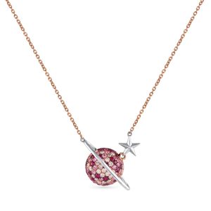 Collar con colgante chapado en oro rosa con dije de planeta y estrella de cristal rosa para mujer, de lujo, para uso diario. - Product Image 1