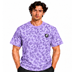 T-shirt à imprimé léopard lavande, manches courtes, style streetwear décontracté, col rond, motif graphique, tissu doux et léger, idéal pour tous les jours - Product Image 1