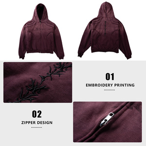 Men' s Embroidered Hoodies Cotton Custom Logo <b>Drop</b> Shoulder Patchwork Oversized Heavyweight <b>Acid</b> Wash Zip up Boxy Hoodie for Men - Product Image 5