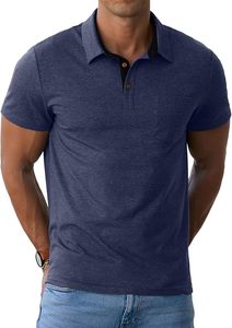 Men's <b>Navy</b> <b>Blue</b> Short Sleeve <b>Polo</b> <b>Shirt</b> Solid Color Cotton Oxford Fabric Casual With Pocket Breathable Woven Style - Product Image 2