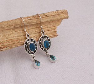 :925 <b>Sterling</b> <b>Silver</b> Natural Blue Topaz <b>Earrings</b> Handmade Swiss Blue Gemstone Jewelry Oval Cut Icy Blue <b>Dangle</b> <b>Earrings</b> - Product Image 4
