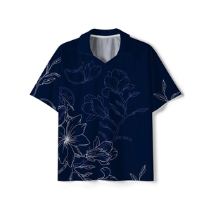 Men's Navy Blue Floral Printed Short Sleeve Shirt Regular Fit Breathable <b>Polyester</b> Summer Wear - Product Image 1