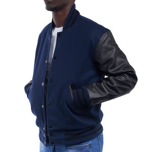 Blouson universitaire personnalisé pour homme en laine, col montant, logo brodé, manches en cuir, placement frontal, idéal pour l'hiver - Product Image 1