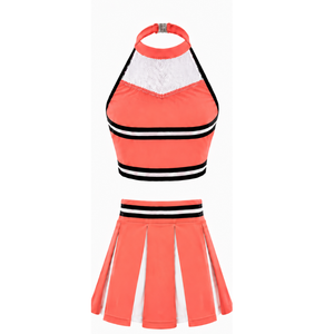 Ensemble d'uniforme de cheerleading pêche-orange avec jupe plissée et crop top pour performance d'équipe, concours de danse et tenue de sport athlétique - Product Image 2