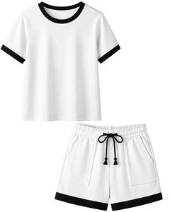 Ensemble de détente pour femmes blanc avec bordure contrastante noire, t-shirt à manches courtes et short, tenue deux pièces en coton mélangé doux et respirant - Product Image 1