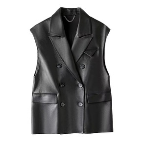 Chaleco de cuero para mujer, marrón, informal, sin mangas, con cuello redondo y cremallera, top de otoño, superventas, a la moda, estilo motero, prenda exterior, abrigo, tops - Product Image 1