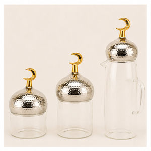 Best Selling Handmade Eco-friendly Glass Storage Jar for <b>Ramadan</b> Table <b>Decoration</b> Modern Design with Minaret Lid and Jug Eid - Product Image 5