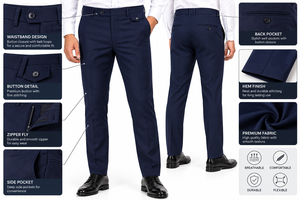 Pantalones de vestir formales para hombre, azul marino, corte recto, con cierre de botón, antiarrugas, mezcla de lana de peso medio, 100% algodón - Product Image 5