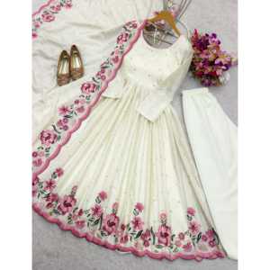 WW Pent and Dupatta Embroidery Sequence Work <b>Party</b> Wear Gown Beautiful <b>Prom</b> Dresses White L - Product Image 3