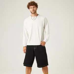 Breathable 100% Cotton Denim Solid Cargo Casual Shorts for Men Baggy Fit Elastic Waist High Street Style - Product Image 1