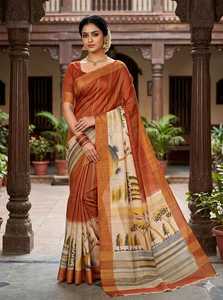 Sari con estampado digital de árboles en naranja y beige, traje tradicional indio para bodas, para mujer, largo hasta el suelo, corte regular. - Product Image 1