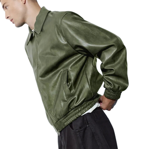 Blouson Bomber Homme Vert Olive en Cuir Véritable Style Streetwear Col Chemise Fermeture Éclair Manches et Ourlet Élastiques Coupe Décontractée Vêtement d'extérieur Premium - Product Image 4