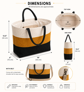 Bolsa de Compras de Yute Premium Tricolor Mostaza, Blanca y Negra con Asas Negras |   Cierre Abierto Elegante y Ecológico para Uso Diario - Product Image 3