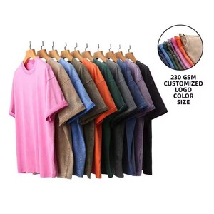 เสื้อยืดผู้ชายทรงโอเวอร์ไซส์ สีพื้น ผ้าฝ้ายฟอก ลุคสบายๆ แขนสั้น สไตล์ฤดูร้อน แบบเรียบ ย้อมสี ผ้าถัก - Product Image 5