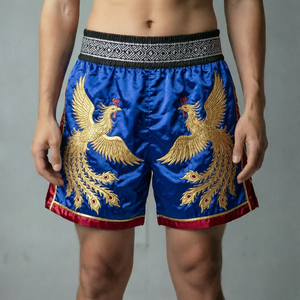 Shorts de Muay Thai bleus pour hommes avec broderie Phénix doré, bordure rouge, polyester, confortables, haute qualité, pour toutes les saisons, vêtements d'entraînement - Product Image 1