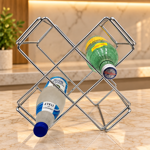 Porte-bouteilles à vin en métal en forme de X géométrique, finition argentée, support de comptoir pour 5 bouteilles, pour le rangement et la présentation à la maison, au bar ou en cuisine - Product Image 1