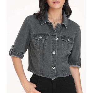 Easy to Wear Turn Down Collar Long Sleeves with button cuffs <b>single</b> button regular size cropped denim jacket women's - Product Image 5