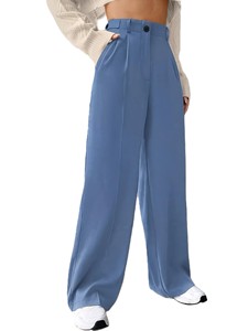 Pantalones de mujer de cintura alta, pierna ancha, color liso, de satén plisado, ajuste holgado, largos, informales, para otoño, con cierre de botones - Product Image 6