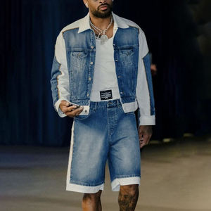 ชุดเซ็ตเสื้อแจ็คเก็ตเดนิมแบบต่อผ้าสีพื้นสำหรับฤดูหนาวและกางเกงยีนส์ขาสั้น 2 ชิ้น น้ำหนักเบา สีกลาง ลุควินเทจ สำหรับผู้ชาย - Product Image 5