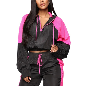 Color Blocked Varsity Jacket With Puff Sleeve And Zipper Closure <b>Red</b> Black White Women's <b>Crop</b> <b>Top</b> Windproof Autumn Wear - Product Image 2