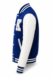 Blouson universitaire unisexe bleu avec manches blanches, broderie lettre K, patchwork frontal, col rabattable, streetwear décontracté d'hiver - Product Image 4