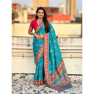 ชุดส่าหรีผ้าไหมวิสโคสแท้สีน้ำเงินรามา ลายพิมพ์ดั้งเดิม สำหรับผู้หญิง น้ำหนัก 750 กรัม ยี่ห้อ Elite Weaves - Product Image 6