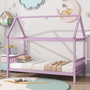 Letto a casetta rosa per bambini con testiera e pediera, con struttura in legno di gomma - Product Image 5